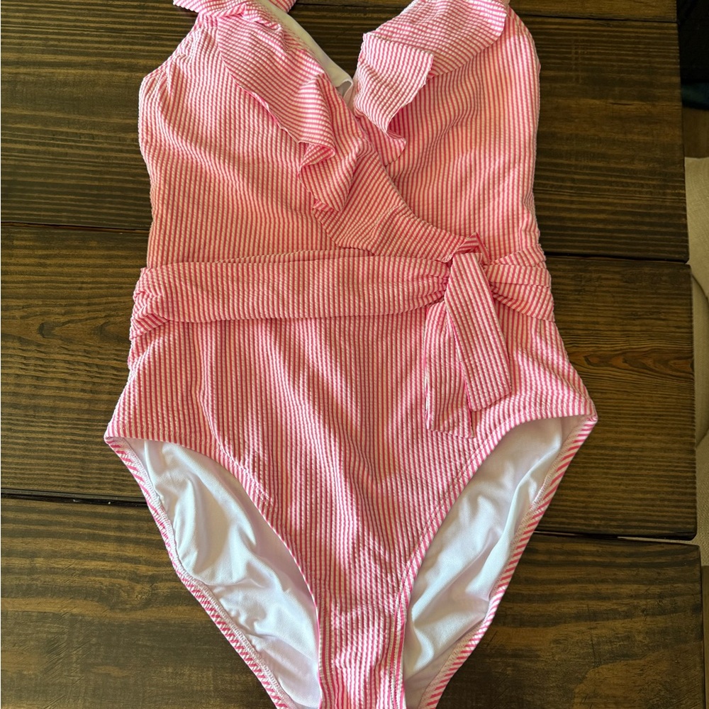 Lilly Pulitzer Pink and White One Piece Swimsuit with Ruffle Details NWOT